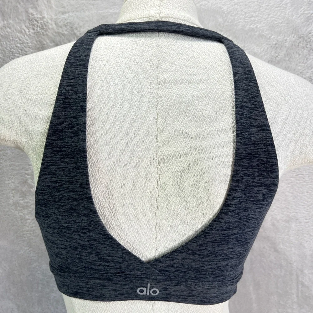 Alo‎ Yoga Heathered Charcoal High Neck Racerback Sports Bra Crop Top Keyhole S